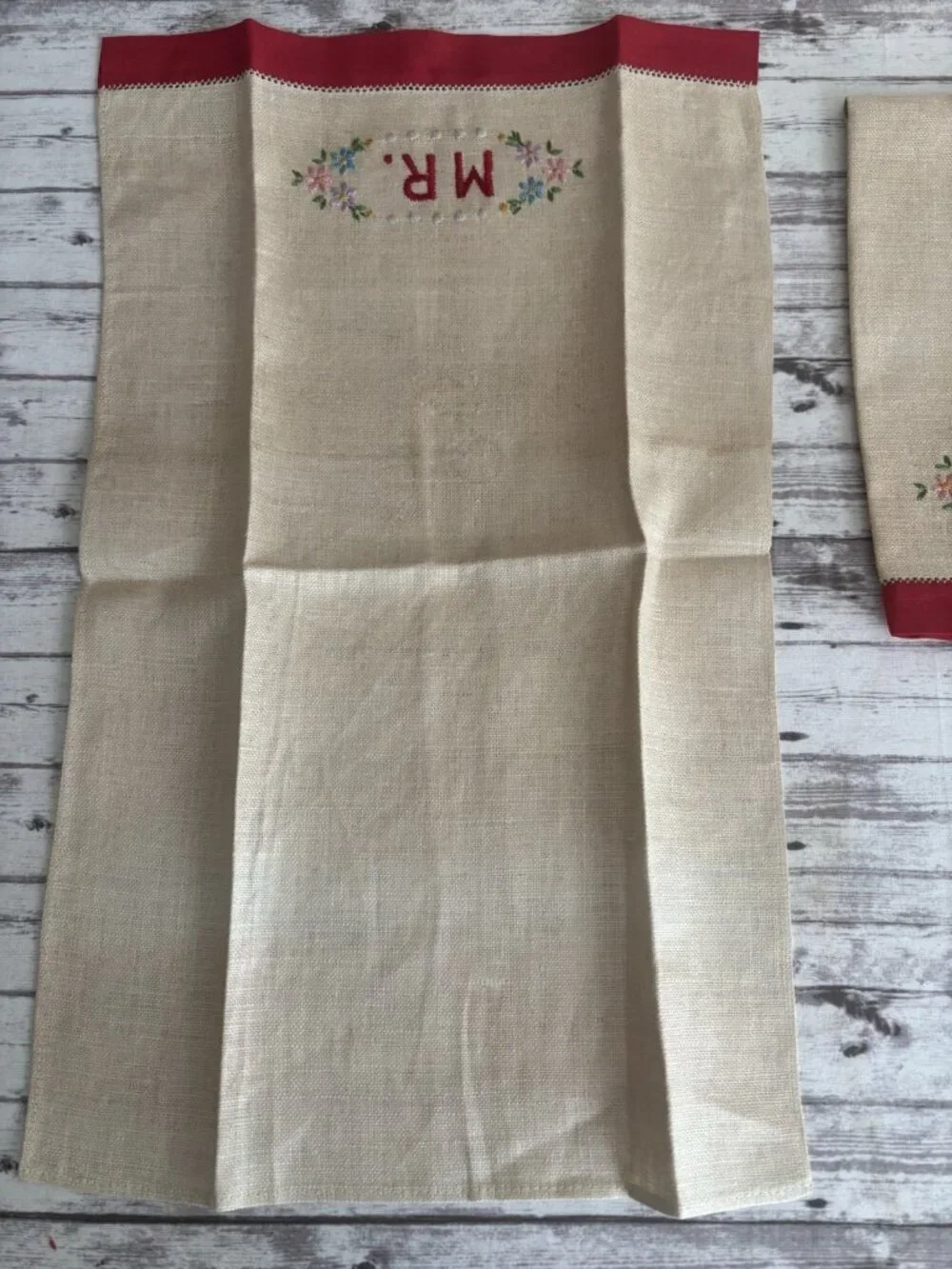Vintage Hand-Embroidered Red Floral Mrs & Mr Hand Towels 11x18 Linen